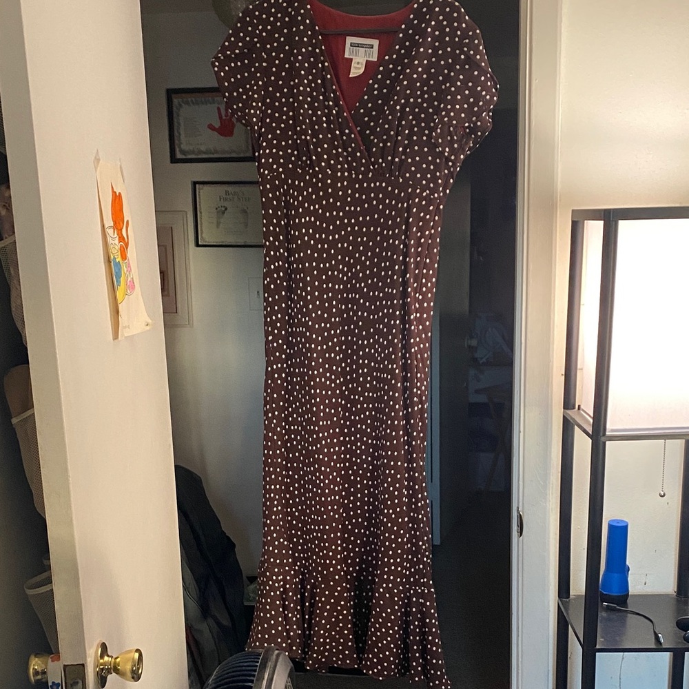 Elegant Brown Maxi Dress with White Dots